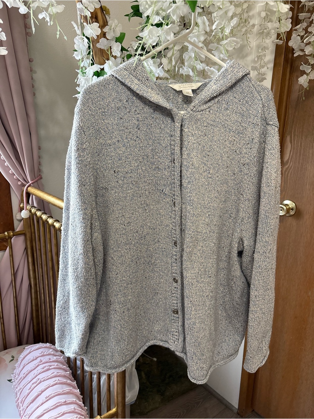 Vintage Light Gray & Baby Blue Hooded Cottage Core Button-Up Cardigan 🩵